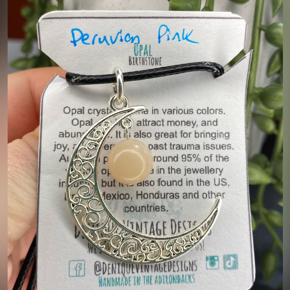 Peruvian Pink Opal 10mm bead in Steel Crescent l Moon Pendant